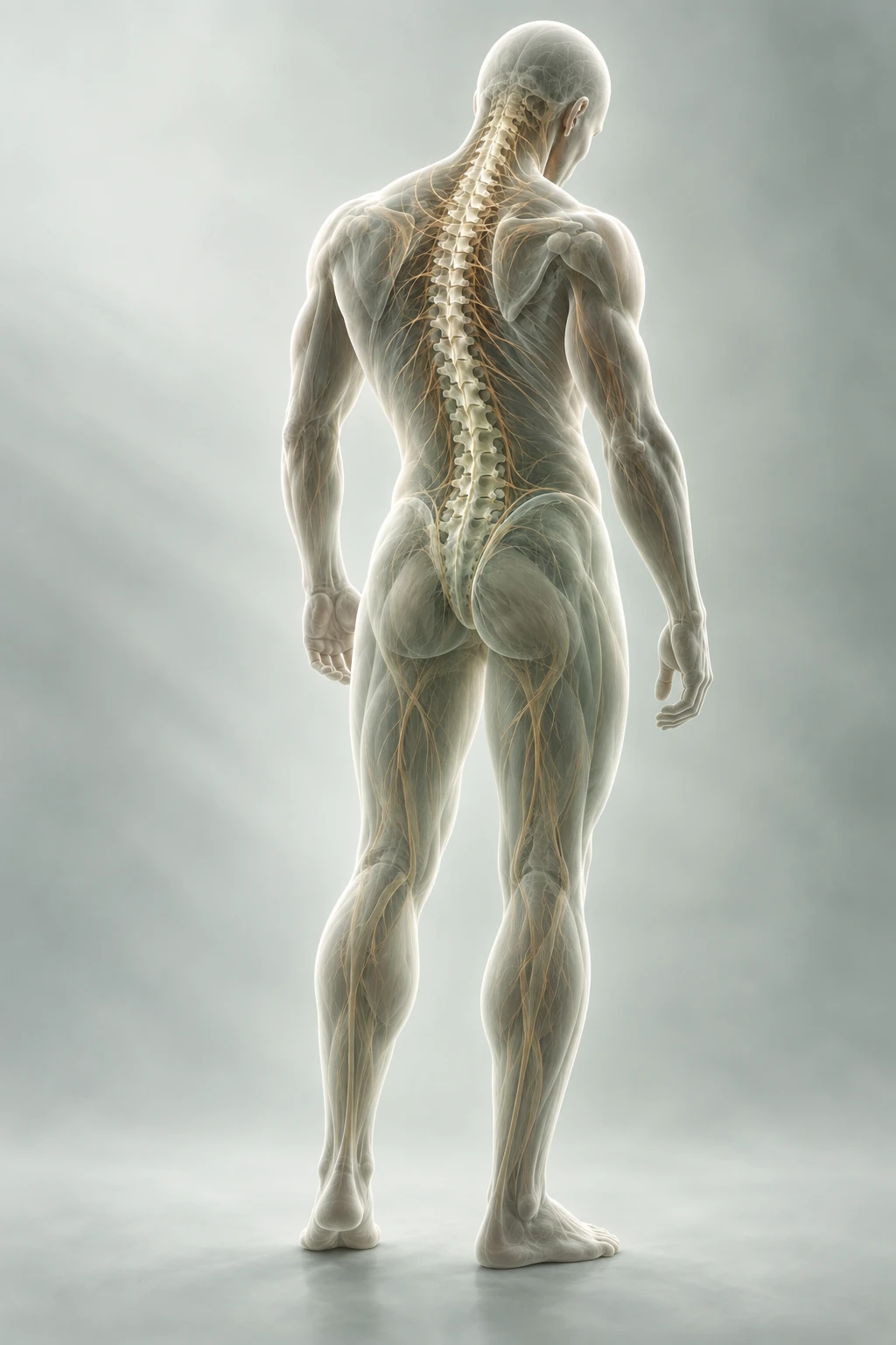 Full-body conceptual anatomical illustration viewed from behind, from the neck to both feet