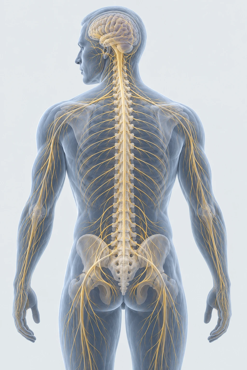 Conceptual illustration of the brain, spinal column and branching nerves